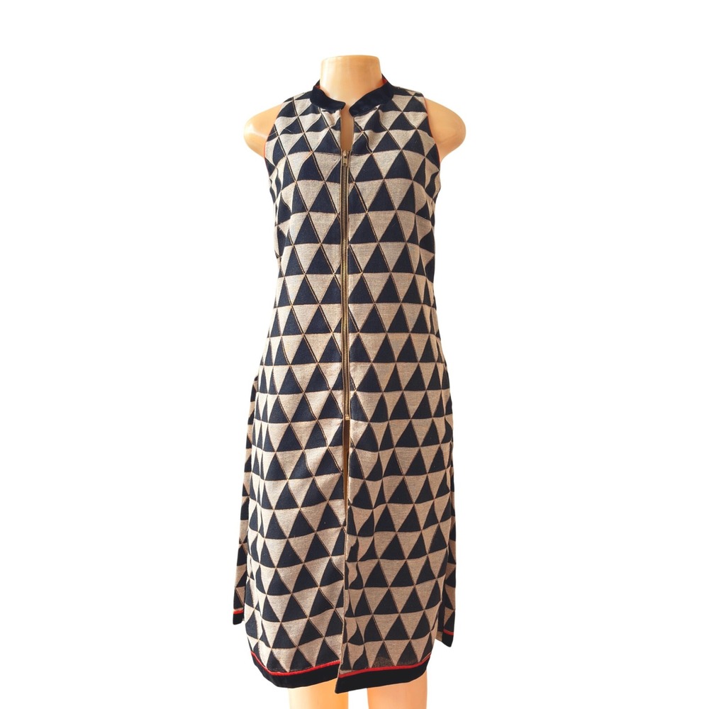 Adaa Geometric Print Kurti Dress Sleeveless Mandarin Collar Zip Front Tunic XS/S
